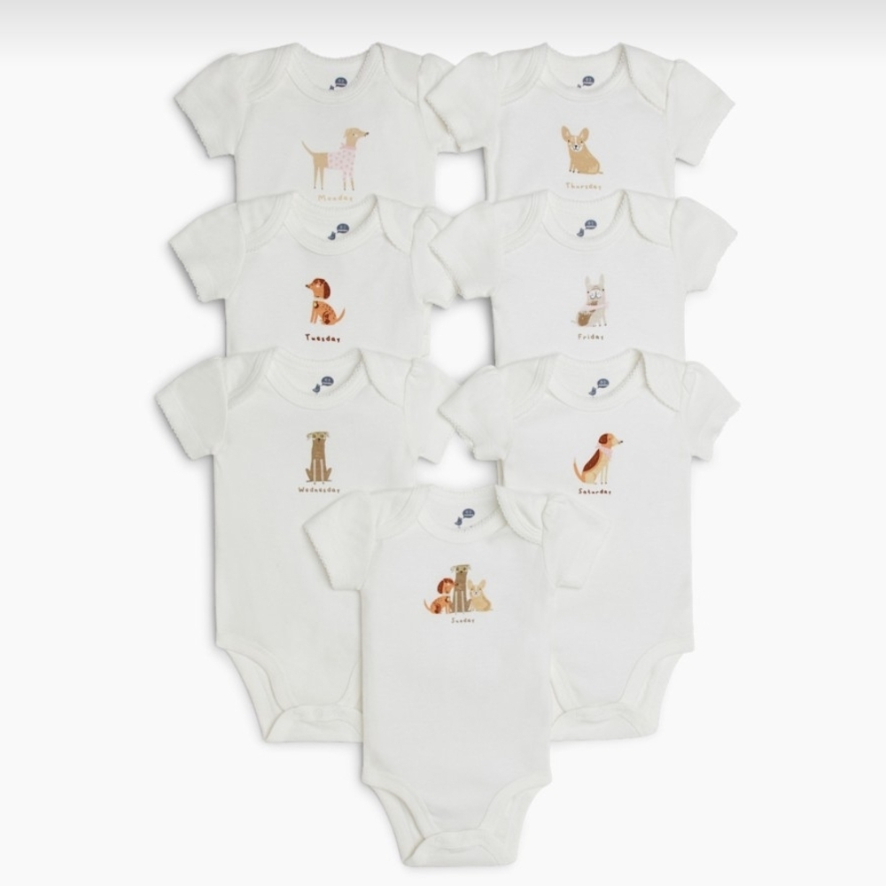 Set of 7 White Baby Onesies with Animal Prints